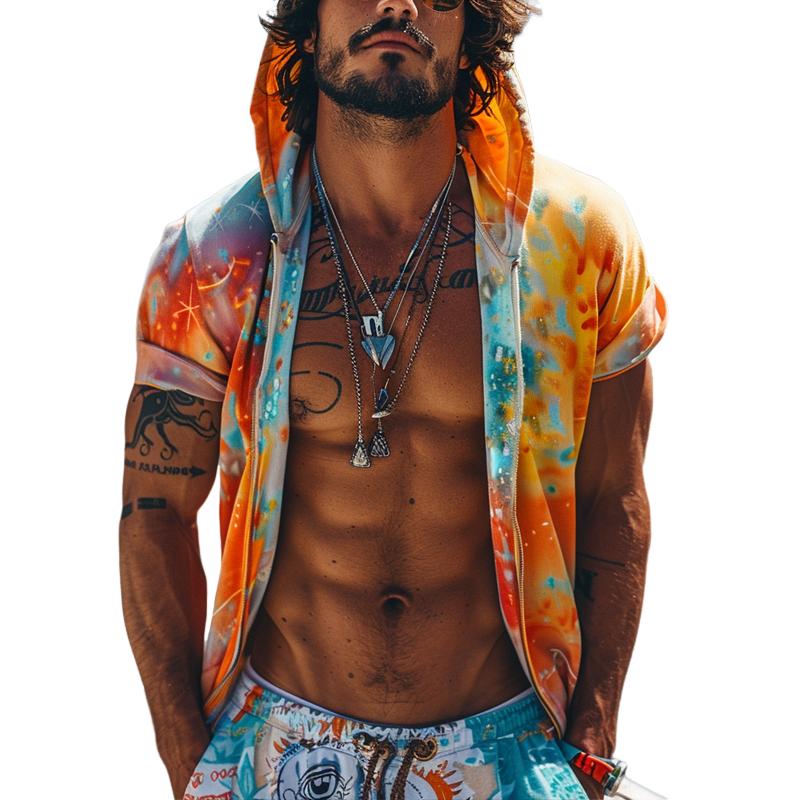 【Envío en 24 horas】Sudadera con capucha y cremallera de manga corta con estampado tie-dye para hombre 15548409Z