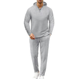 Men's Casual Solid Color Waffle Loose Hoodie Sports Pants Set 18828417M