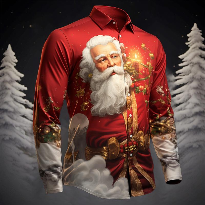 Men's Christmas Printed Lapel Long Sleeve Shirt 91327329Z