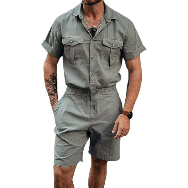 Men's Casual Cotton Blend Lapel Short Sleeve Shorts Cargo Jumpsuit 04427263M