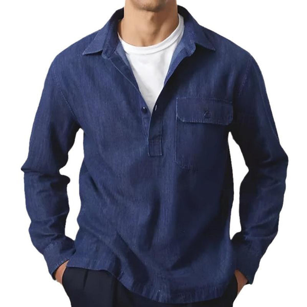 Men's Loose Lapel Solid Color Denim Long Sleeve Shirt 21428812Y