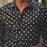 Men's Casual Leather Polka Dot Lapel Long Sleeve Shirt 19520925F