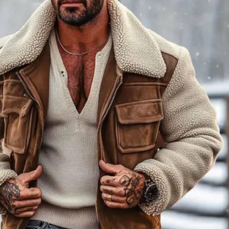 Manteau à revers en laine d'agneau avec coutures en daim vintage pour homme 32133200Y