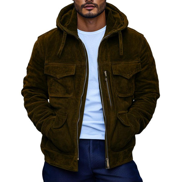 Men's Casual Suede Multi-pocket Loose Hooded Bomber Jacket 51967659M