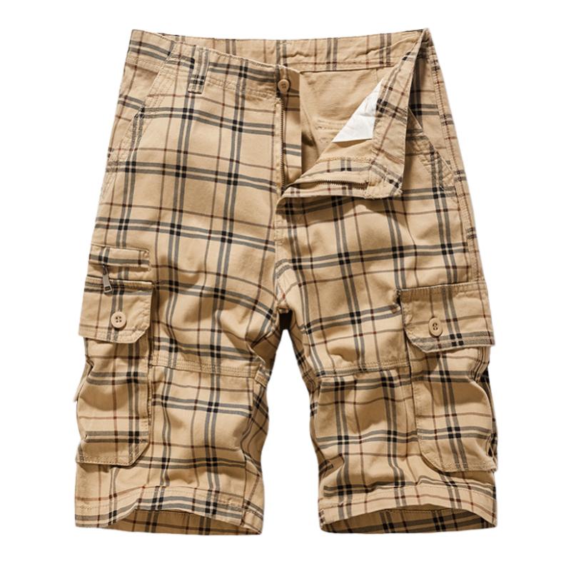 Men's Casual Plaid Cotton Washed Multi-Pocket Straight Cargo Shorts 95585669M