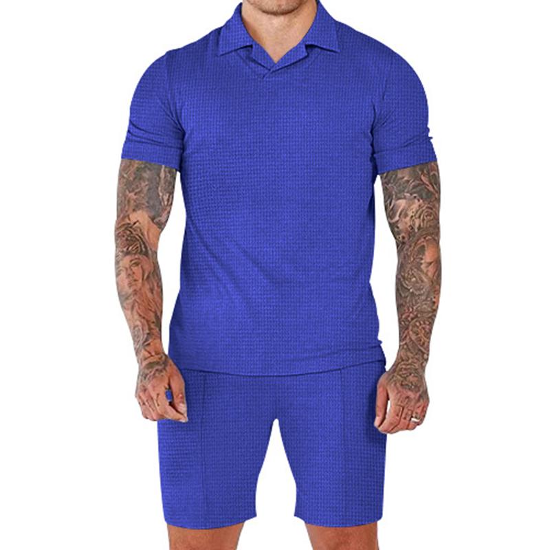 Men's Solid Waffle Lapel Short Sleeve Polo Shirt Shorts Sports Casual Set 89786181Z