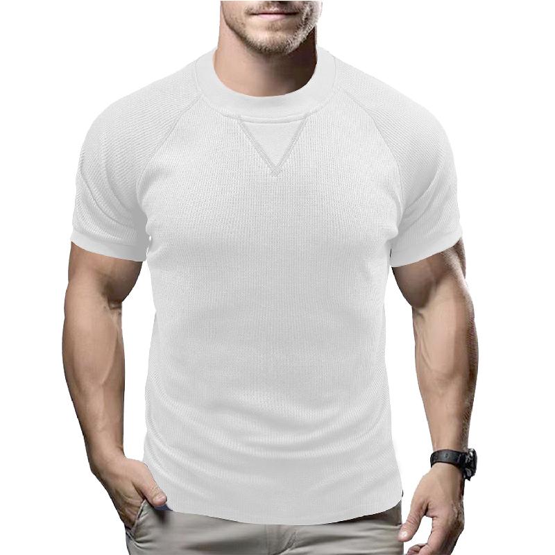 Men's Solid Color Round Neck Waffle Short Sleeve T-shirt 09792187X