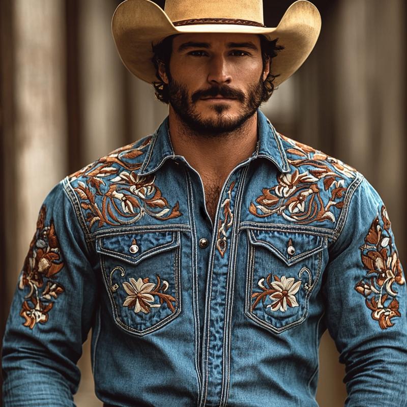 Men's Western Cowboy Style Embroidered Lapel Chest Pocket Long Sleeve Denim Shirt 00380923Z