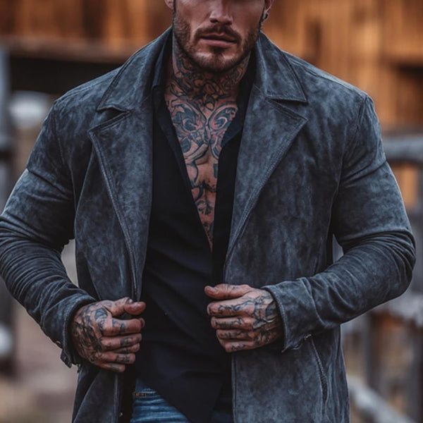 Men's Solid Color Suede Lapel Mid-Length Windbreaker Trench Coat 72782