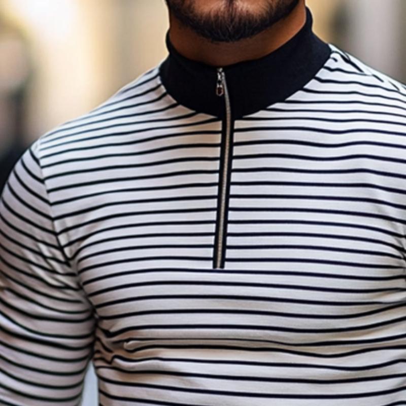 Men's Retro Casual Striped Stand Collar Printed Long Sleeve T-Shirt 18069225TO