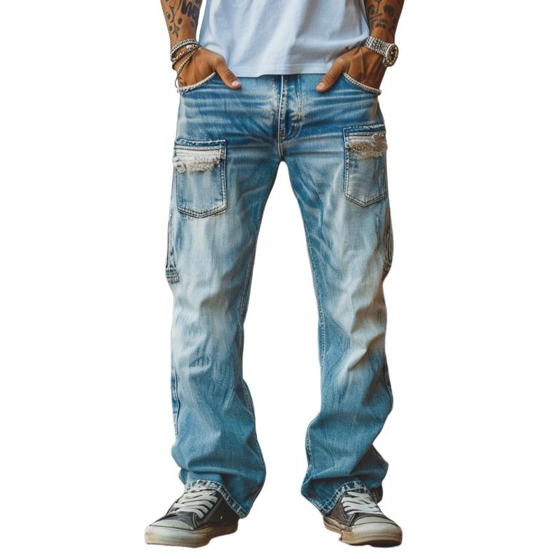 Jeans dritti vintage da uomo con patchwork lavati e rovinati 29483737M