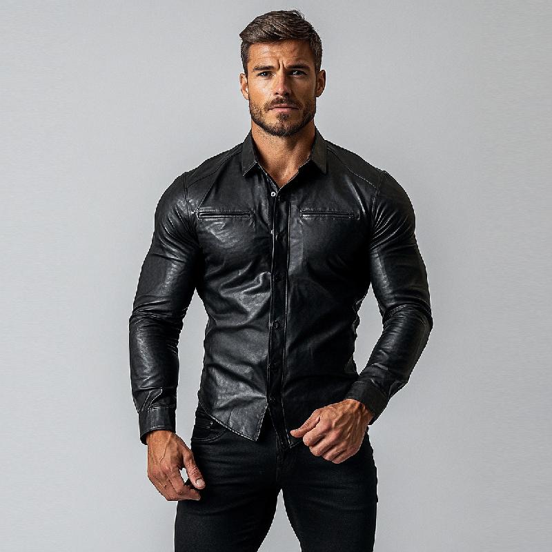 Mens Fashion Single Breasted Slim Fit Long Sleeve Leather Shirt 44723595Y