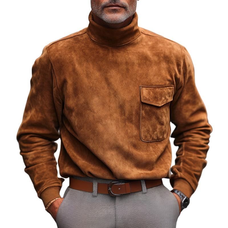 Men's Vintage Suede Turtleneck Long Sleeve T-Shirt 28928626F