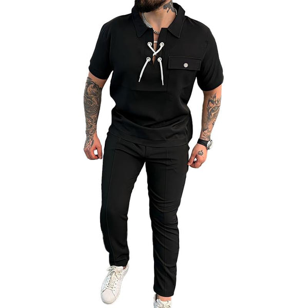 Men's Solid Lapel Lace-up Short Sleeve Top Trousers Casual Set 42388086Z