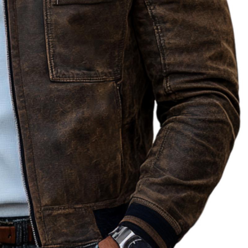 Men's Classic Slim Stand Collar Zipper Casual Leather Jacket 74882334F