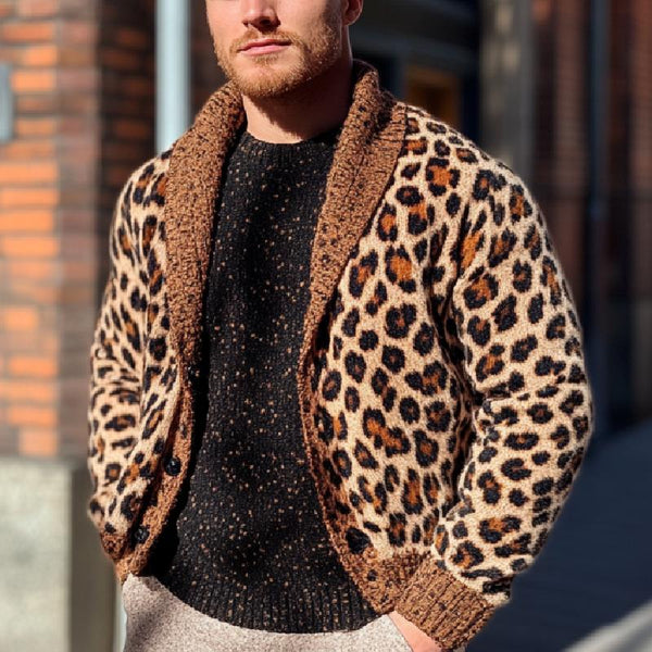 Men's Classic Casual Leopard Print Shawl Collar Knit Cardigan 23642133K