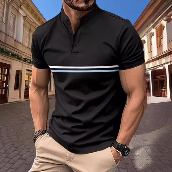 Men's Striped Henley Collar Stand Collar Short Sleeve T-Shirt 61516861Y