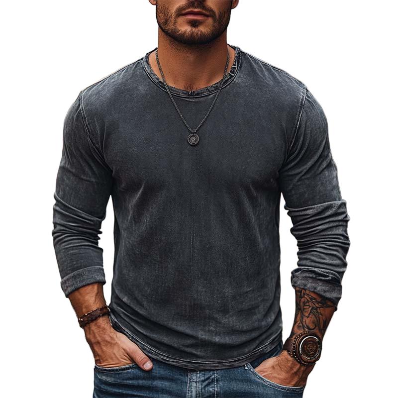 Men's Classic Casual Washed Distressed Round Neck Long Sleeve T-shirt 75414306K