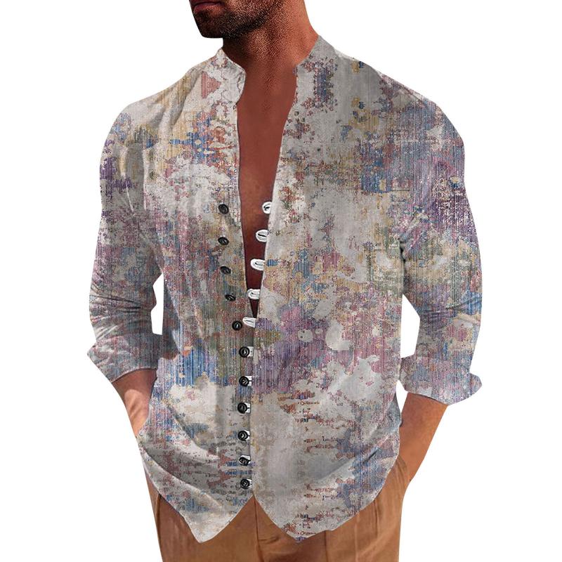 Men's Printed Stand Collar Single Breasted Casual Shirt 24291060Z