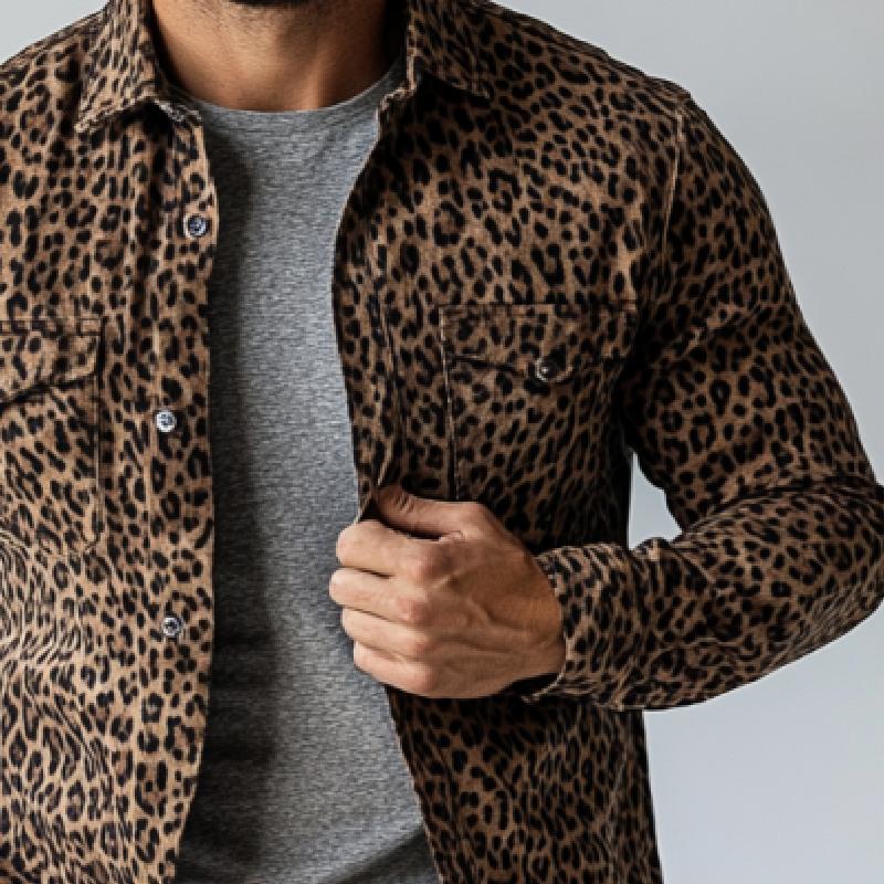 Men's Smart Casual Leopard Suede Print Thin Long Sleeve Shirt 24507267Y