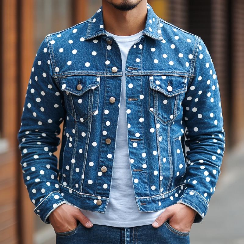 Men's Casual Lapel Polka Dot Denim Jacket 32143198F