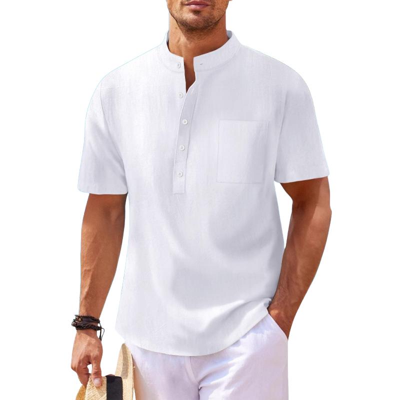 Men's Solid Cotton And Linen Stand Collar Short Sleeve Casual Shirt 17331455Z