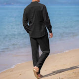 Men's Solid Stand Collar Long Sleeve Shirt Trousers Casual Set 31212158Z