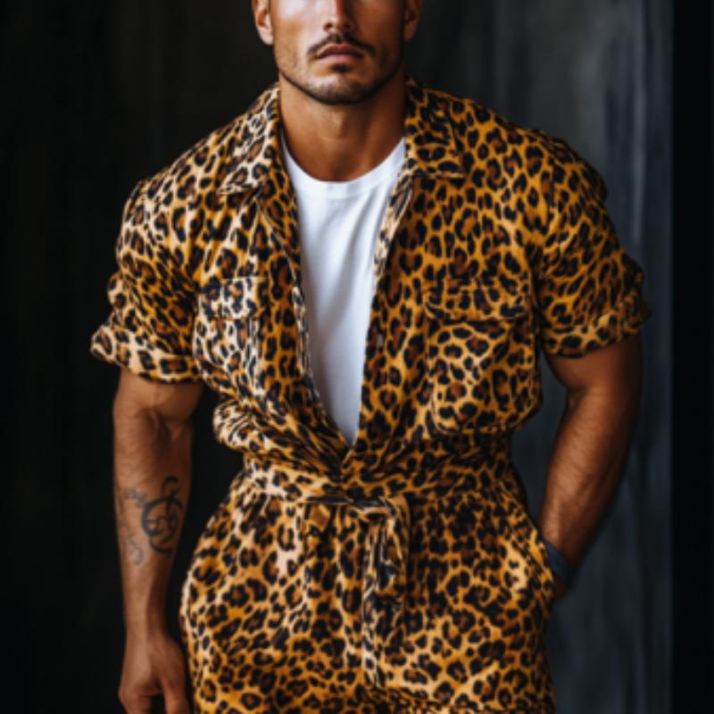 Men's Fashion Casual Leopard Print Satin Jumpsuit 54908108K