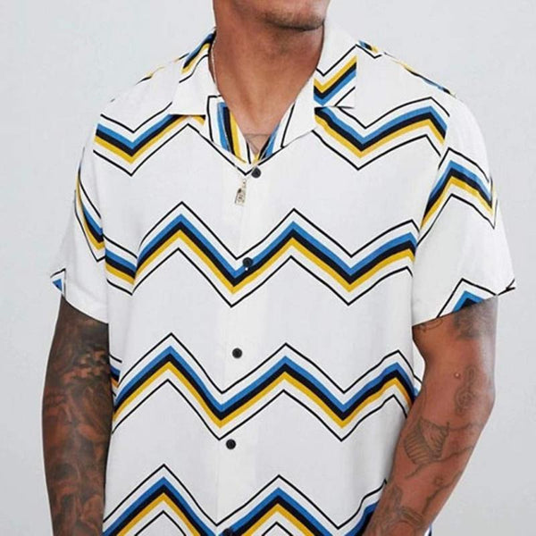 Men's Stripe Print Button-Down Short Sleeve Shirt 36197972Y