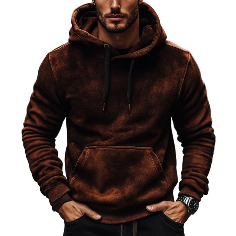 Men's Vintage Solid Color Suede Loose Kangaroo Pocket Hoodie 01057881M