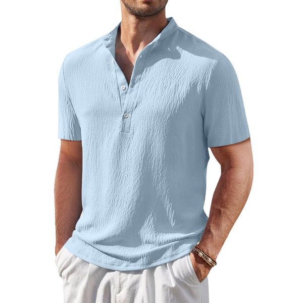 Men's Casual Stand Collar Cotton Linen Slim Short Sleeve Shirt 83863443M