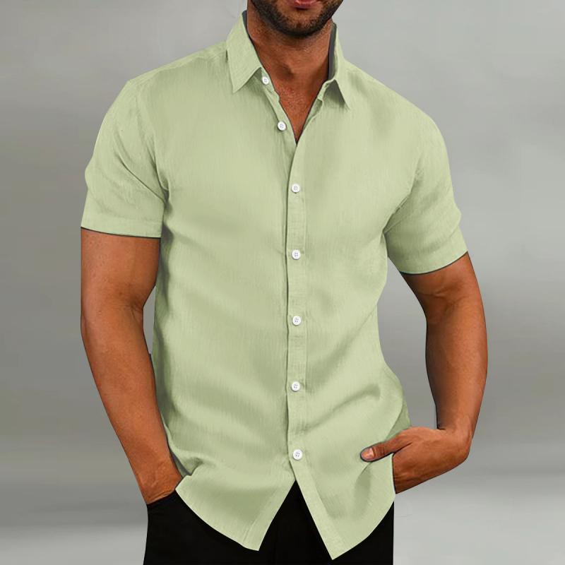 Men's Casual Cotton Linen Loose Lapel Slim Fit Short-sleeved Shirt 21811775M