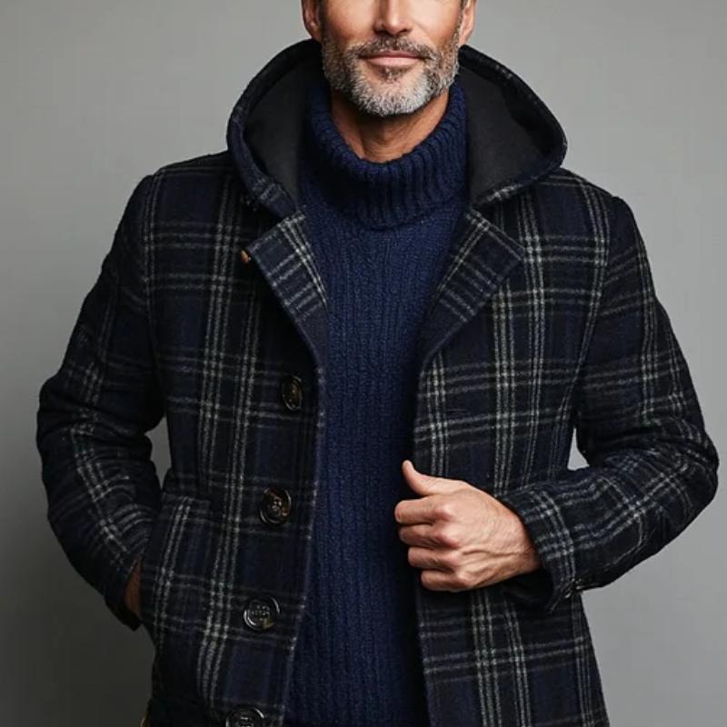 Men's Vintage Woolen Check Print Hooded Coat 00997806Y