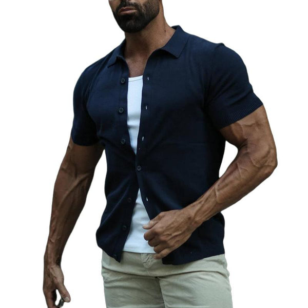 Men's Solid Color Lapel Slim Fit Short Sleeve Shirt 15149476Y