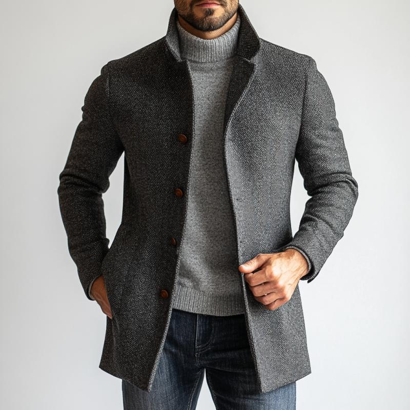 Men's Retro Herringbone Woolen Single-Breasted Mid-Length Coat 25755149Y