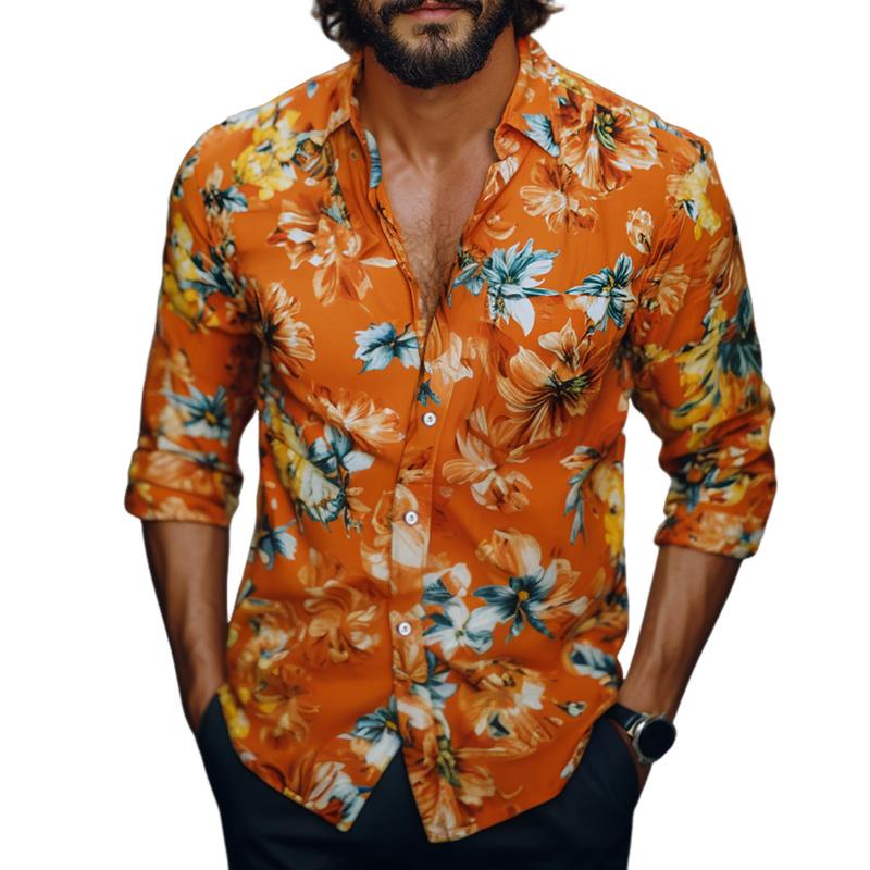 Men's Retro Casual Printed Pocket Lapel Long Sleeve Shirt 26687798TO