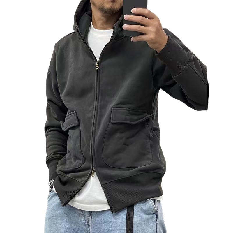 Men's Casual Solid Color Fleece Large Pocket Zipper Loose Hoodie Jacket 96210118M