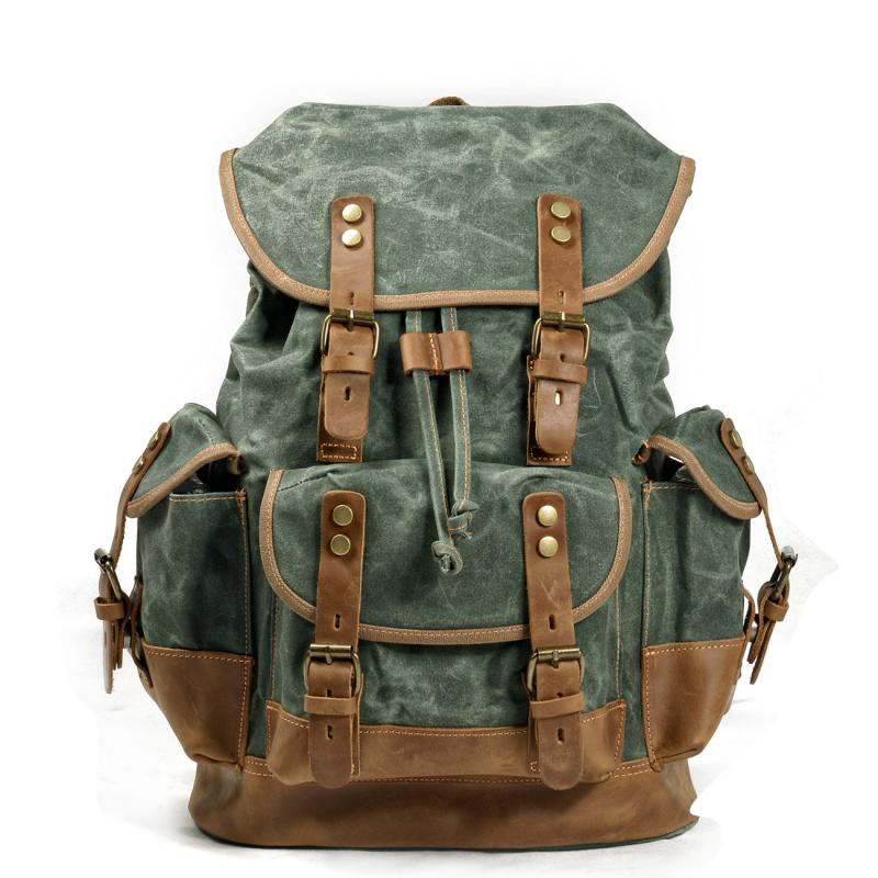 Mochila de lona vintage para hombre con múltiples bolsillos y costuras de cuero para exteriores 19083234Y