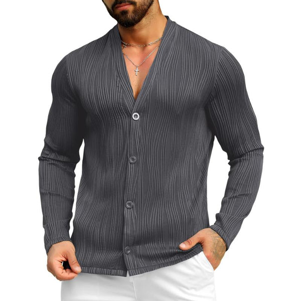 Men's Striped Texture Solid Color V-Neck Long Sleeve Shirt 31360621Y