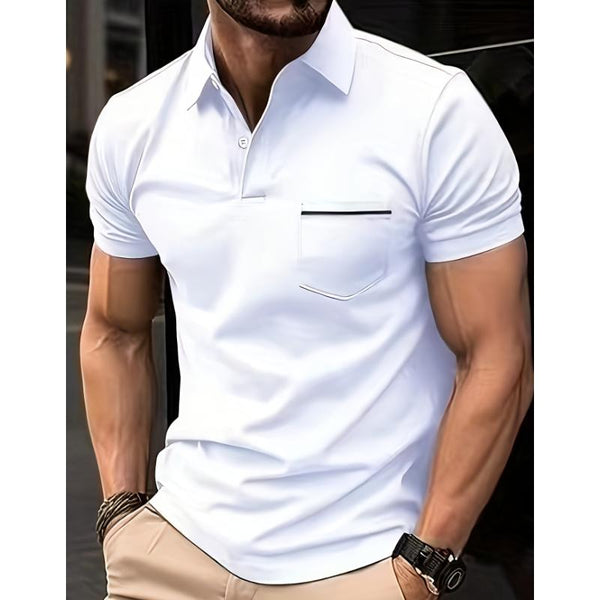 Men's Solid Color Button-Down Lapel Chest Pocket Short-Sleeved Polo Shirt 17634325Y