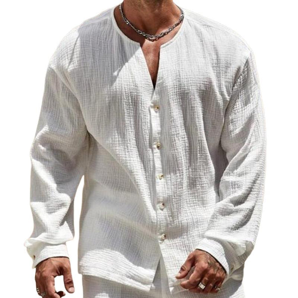 Men's Cotton And Linen Round Neck Single-Breasted Long-Sleeved Shirt 38340154Y