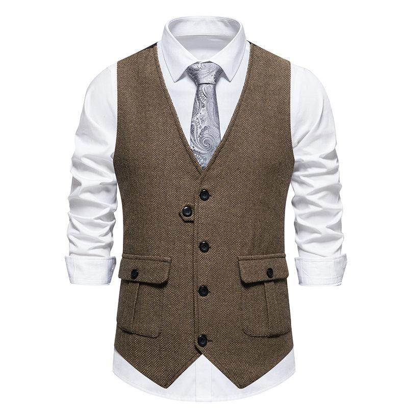 Men's Vintage Herringbone Pocket V-Neck Single Breasted Suit Vest 22210914Y