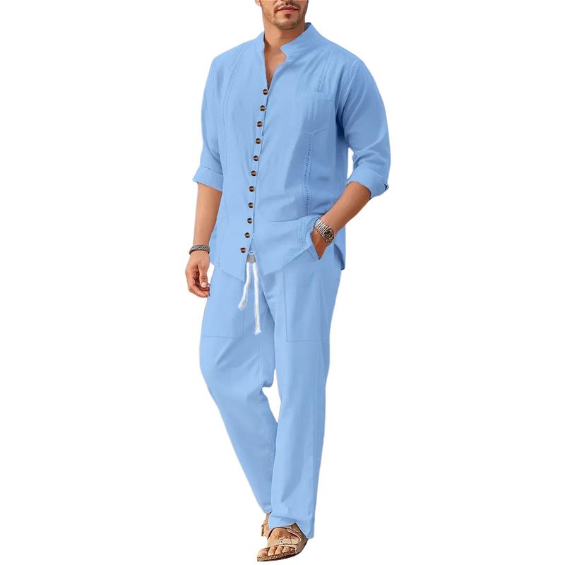 Men's Solid Color Casual Loose Long Sleeves and Long Pants Beach Two-piece Set 60645591X