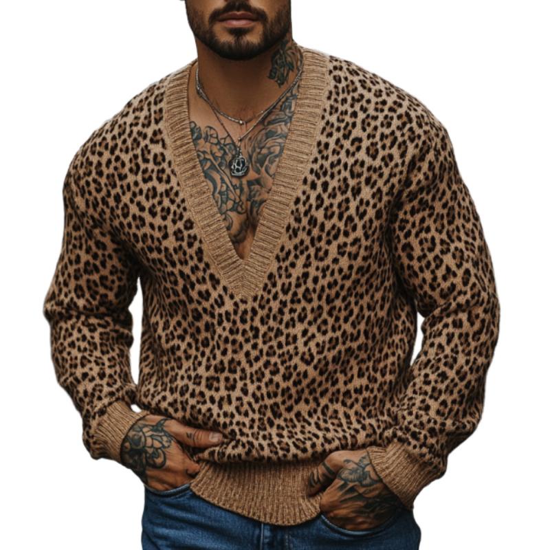 Men's Fashion Leopard Jacquard Deep V Neck Loose Knitted Sweater 33940095M