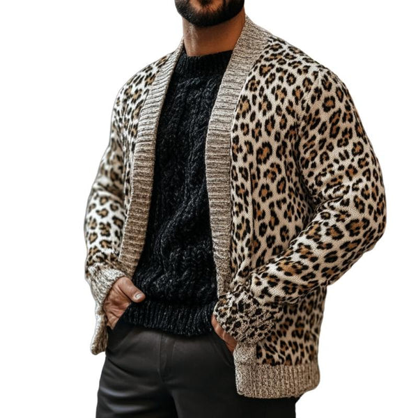 Men's Classic Casual Leopard Print Long Sleeve Knit Cardigan 24157780K