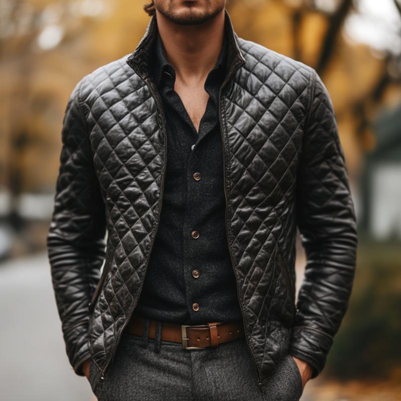 Men's Casual Quilted Leather Jacket 15541395F