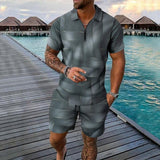 Men's Casual Printed Zipper Lapel Short-sleeved T-shirt Sports Shorts Set 93550298M