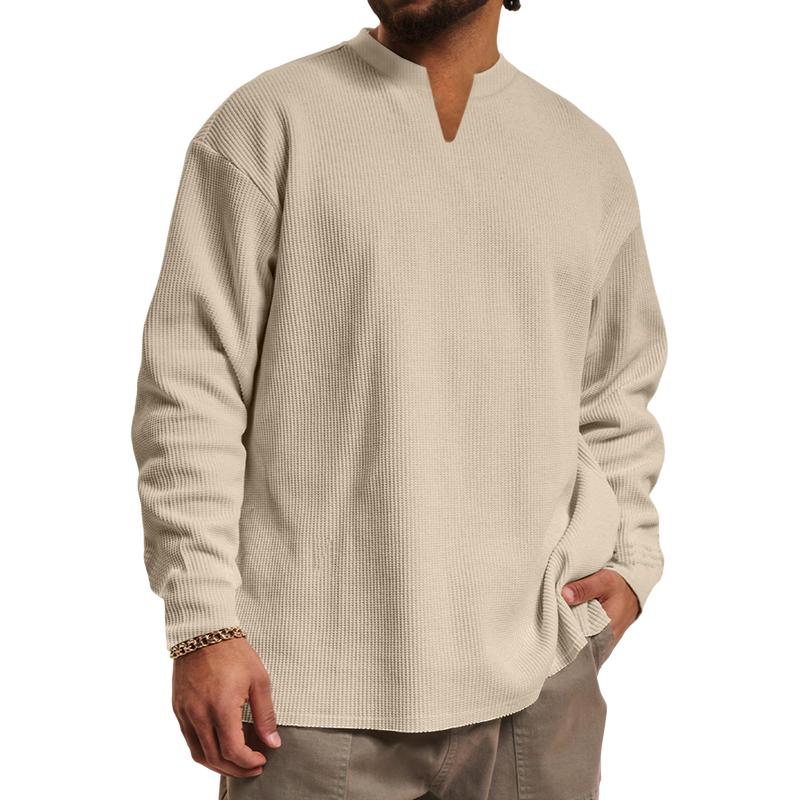 Men's Casual V-neck Waffle Loose Long Sleeve T-shirt 30473989M