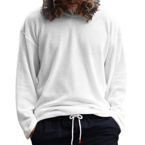 Men's Solid Color Knitted Waffle Loose Round Neck Long Sleeve T-Shirt 57565233Y