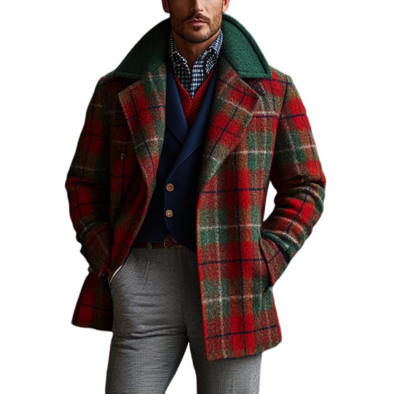 Men's Retro Christmas Plaid Colorblock Lapel Mid-Length Coat 33222097Y